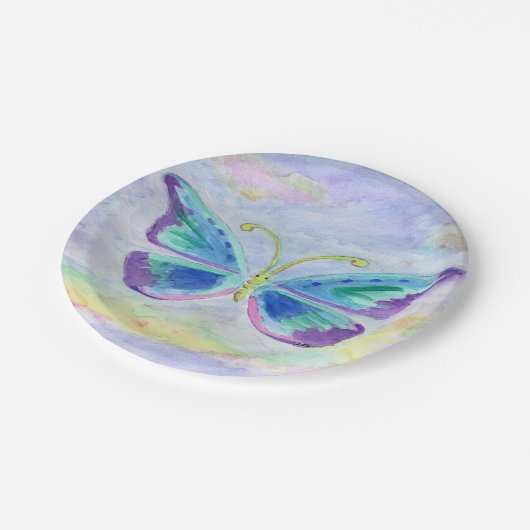 Blauer, lila und magentaroter pappteller (Schrägansicht)