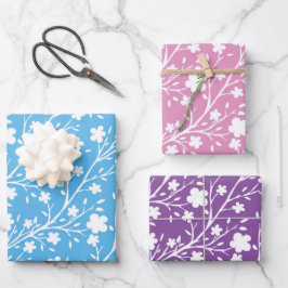 Blauer, Lila und rosa Mehrfarbiger Frühlingsblumen Geschenkpapier Set