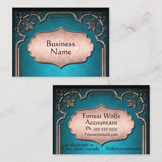 Blauer Lilie Bronze viktorianischer Damast Visitenkarte (Vorne/Hinten)