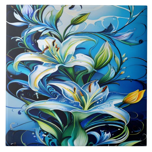 Blauer Lilienblumenstil mit wirbelnden Mustern Fliese (Vorderseite)
