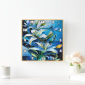 Blauer Lilienblumenstil mit wirbelnden Mustern Quadratische Wanduhr (Zuhause)