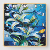 Blauer Lilienblumenstil mit wirbelnden Mustern Quadratische Wanduhr (Vorderseite)