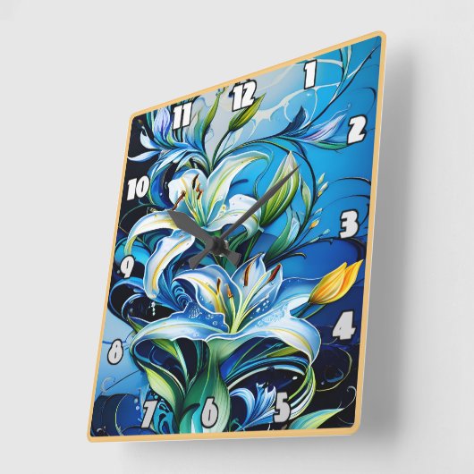 Blauer Lilienblumenstil mit wirbelnden Mustern Quadratische Wanduhr (Winkel)