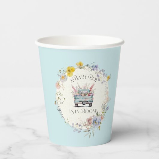Blauer Lkw Baby Boy in Bloom Paper Cups Pappbecher (Rückseite)