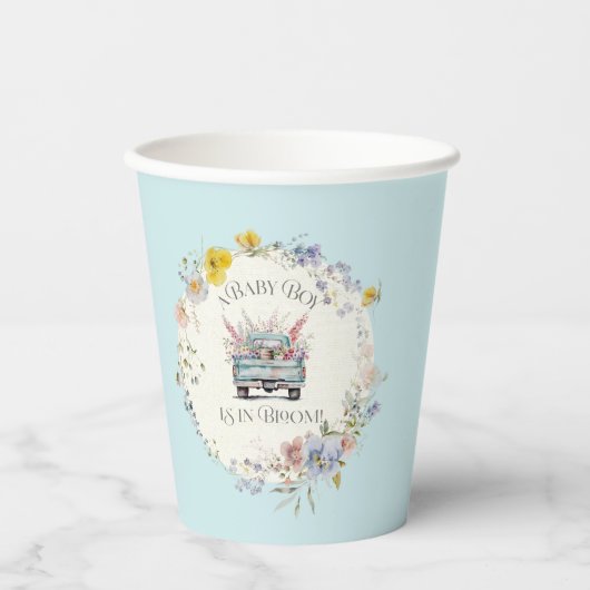 Blauer Lkw Baby Boy in Bloom Paper Cups Pappbecher (Vorderseite)