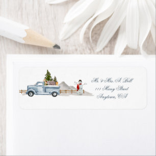 Blauer LKW und Schneemann-Label