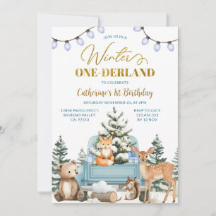 Blauer LKW Winter One-derland Tiere 1. Geburtstag Einladung