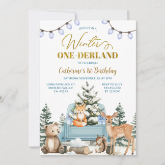 Blauer LKW Winter One-derland Tiere 1. Geburtstag Einladung