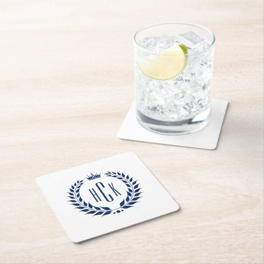 Blauer Lorbeerkranz mit individuellem Monogramm Rechteckiger Pappuntersetzer (Vor Ort)