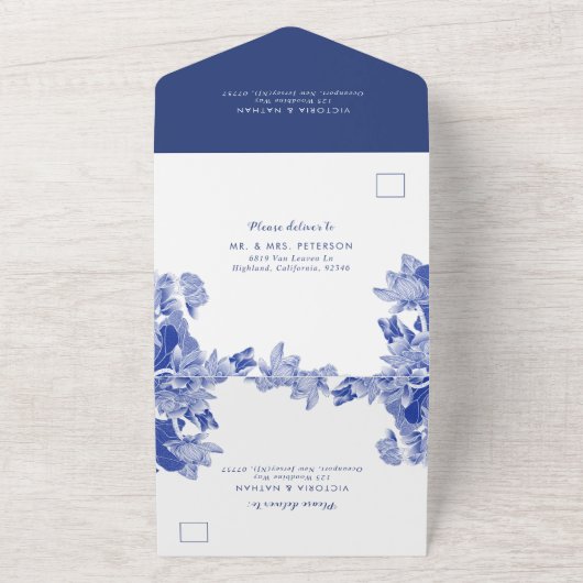 Blauer Lotus Klassik Chinoiserie All In One Einladung (Außenbereich)