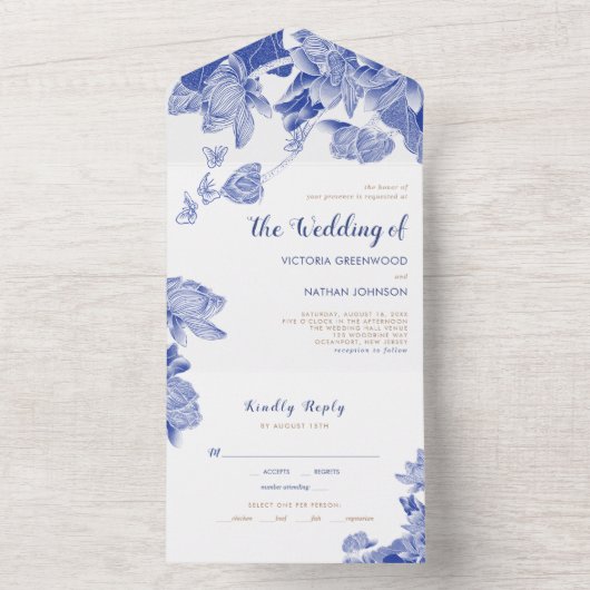 Blauer Lotus Klassik Chinoiserie All In One Einladung (Innen Boden)