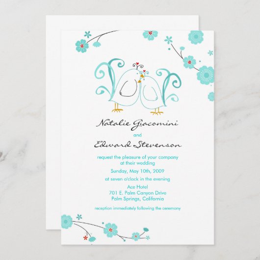 Blauer Lovebirds und Blüten Einladungen (Vorne/Hinten)