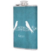 Blauer Lovebirs Personalisierter Blumenkolben Flachmann (Links)