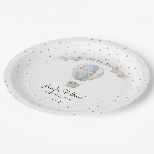 Blauer Luftballon Babyduschpapier Teller (Schrägansicht)