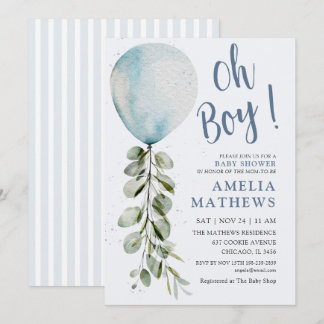 Blauer Luftballon Oh Boy Aquarell-Baby-Party-Einla Einladung