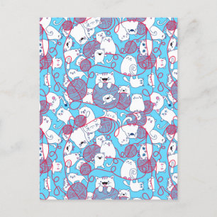 Blauer lustiger süßer Strickkätzchenball Feiertagspostkarte