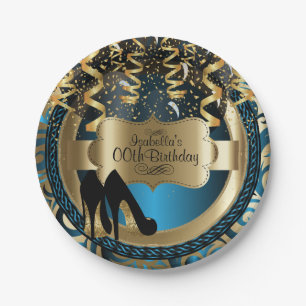 Blauer Mädchen-Geburtstag mit goldenen und schwarz Pappteller