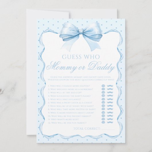 Blauer Mama oder Papa Boy Baby Dusche Spiel Einladung (Vorderseite)