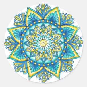 Blauer Mandala Gelbe Türkis Runder Aufkleber