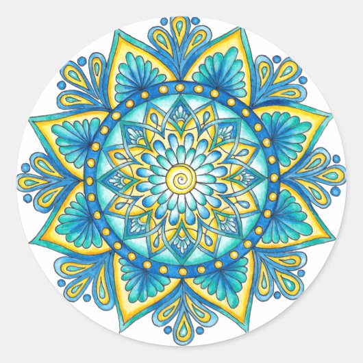 Blauer Mandala Gelbe Türkis Runder Aufkleber (Vorderseite)