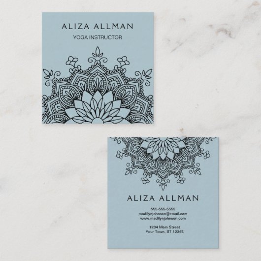 Blauer Mandala-Yoga-Pastelllehrer Quadratische Visitenkarte (Vorne/Hinten)