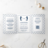 Blauer maritimer Anker Seepferd QR-Code Hochzeit Dreifach Gefaltete Einladung (Innenseite)