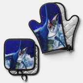 Blauer Marlin Ofenhandschuh & Topflappen-Set (Vorderseite/Rückseite)