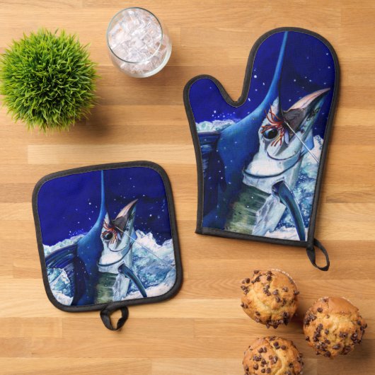 Blauer Marlin Ofenhandschuh & Topflappen-Set (Oben Unten)