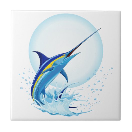Blauer Marlin springt aus dem Ozean Fliese (Vorderseite)
