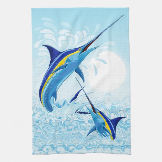 Blauer Marlin springt aus dem Ozean Geschirrtuch (Vertikal)