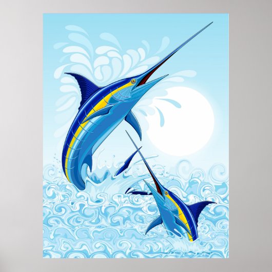 Blauer Marlin springt aus dem Ozean Poster (Vorne)