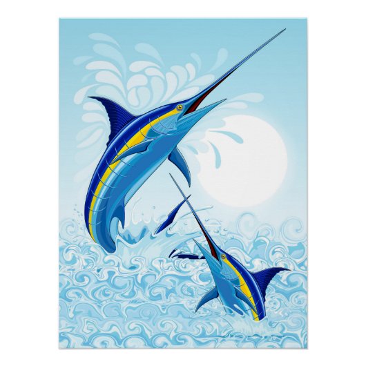 Blauer Marlin springt aus dem Ozean Poster (Vorderseite)