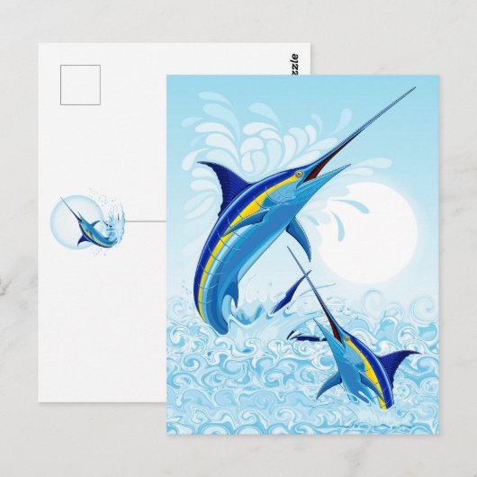Blauer Marlin springt aus dem Ozean Postkarte (Vorne/Hinten)