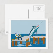 Blauer Marlin springt mit Fischern Postkarte (Vorne/Hinten)