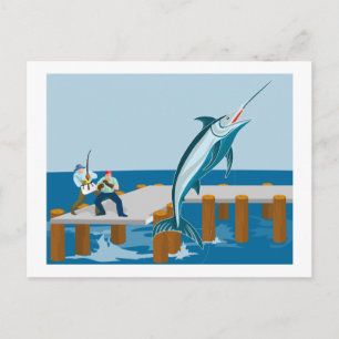 Blauer Marlin springt mit Fischern Postkarte