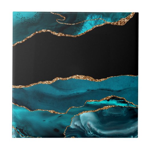 Blauer Marmor Agate Glamour Black Golden Glitzer Fliese (Vorderseite)