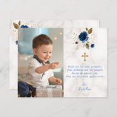 Blauer Marmor Foto Boy Gold Cross Taufe Dankeskarte (Vorne/Hinten)