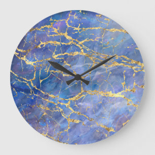 Blauer Marmor Gold Abstrakte Textur Große Wanduhr