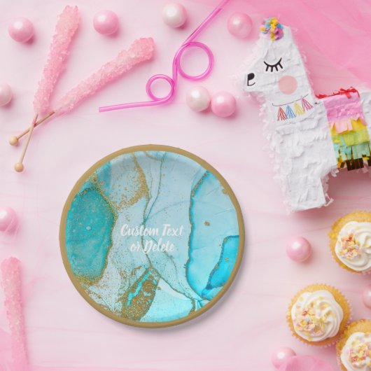 Blauer Marmor Gold Glitzer Personalisiert Pappteller (Party)