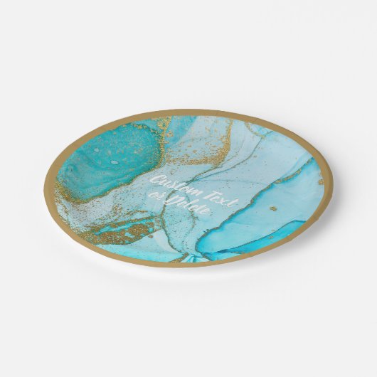 Blauer Marmor Gold Glitzer Personalisiert  Pappteller (Schrägansicht)