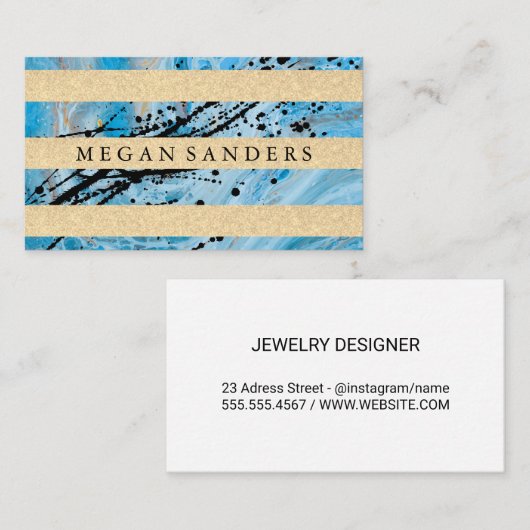 Blauer Marmor | Gold Glitzer Streifen Visitenkarte (Vorne/Hinten)
