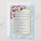 Blauer Marmor Hochzeit mit rosa blumengoldfarbenem Einladung (Vorderseite)