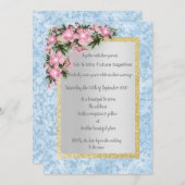 Blauer Marmor Hochzeit mit rosa blumengoldfarbenem Einladung (Vorne/Hinten)