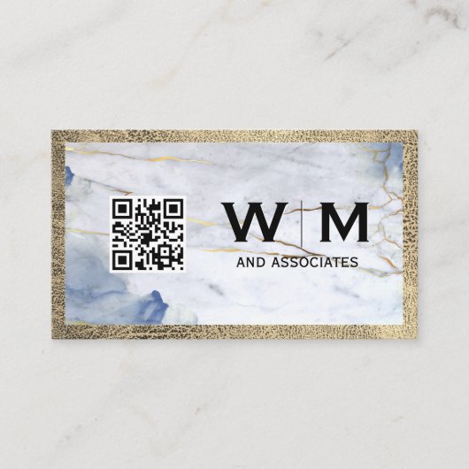 Blauer Marmor | Lederreise | Monogramm | QR-Code Visitenkarte (Vorderseite)