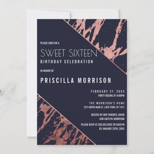 Blauer Marmor-Marmor-Diagonal-Süße 16 Einladung (Vorderseite)