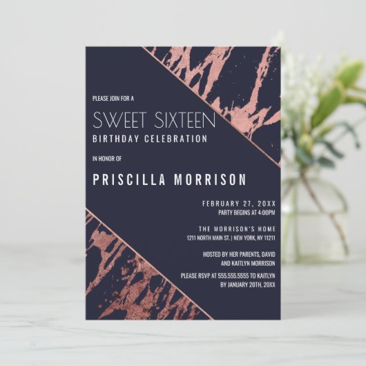 Blauer Marmor-Marmor-Diagonal-Süße 16 Einladung (Stehend Vorderseite)