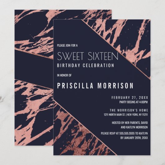 Blauer Marmor-Marmor-Diagonal-Süße 16 Einladung (Vorne/Hinten)
