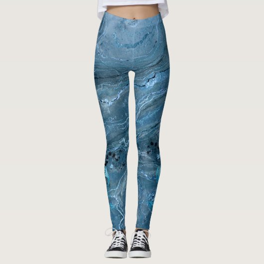 Blauer Marmor mit einer Rose auf jedem Bein Leggings (Vorderseite)