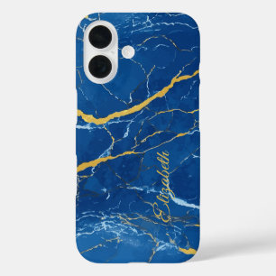 Blauer Marmor mit gelben Akzenten Individuelle Nam iPhone 16 Hülle