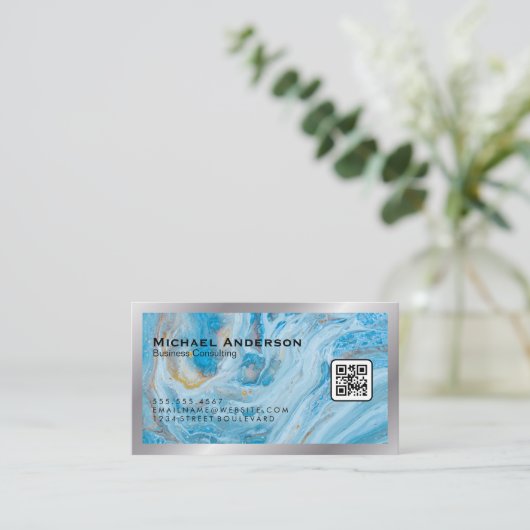 Blauer Marmor | QR Code Business Card Visitenkarte (Stehend Vorderseite)